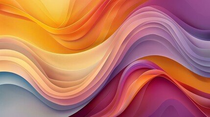 Wall Mural - Digital artwork featuring a series of flowing, wavy forms with a gradient of colors ranging from orange, yellow, and beige to purple and pink