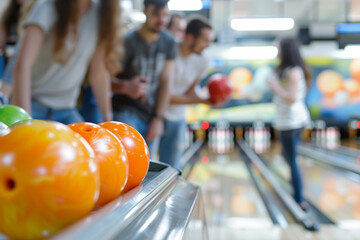 Poster - A row of friends lined up at a bowling alley, each taking turns to aim for the perfect strike. Concept of friendly competition and camaraderie. Generative Ai.