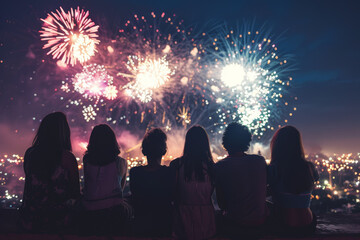 Wall Mural - Friends gathered on a rooftop terrace, watching a mesmerizing fireworks display light up the night sky. Concept of wonder and awe. Generative Ai.