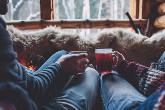 mates lounging on a cozy couch in a cabin, swapping stories and sipping on mugs of mulled cider. con