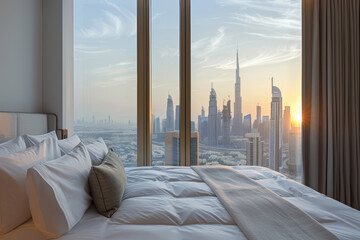 Wall Mural - Luxurious suites boasting panoramic views of the city skyline, offering guests a breathtaking vista from their windows. Concept of urban luxury and comfort. Generative Ai.
