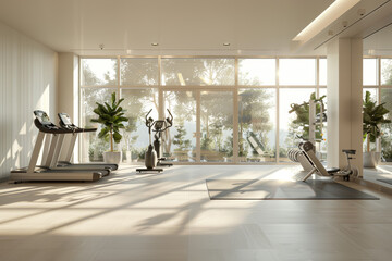 Wall Mural - A state-of-the-art fitness center equipped with modern exercise equipment and panoramic windows overlooking the hotel's surroundings. Concept of health and well-being. Generative Ai.