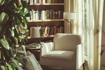 Wall Mural - A cozy reading nook tucked away in a corner of the lobby, stocked with a selection of books for guests to enjoy during their stay. Concept of literary escape and relaxation. Generative Ai.