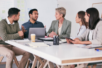 Poster - Laptop, meeting and problem solving with business people in modern office for discussion or planning. Computer, explain or workshop with man and woman employee team in boardroom for development