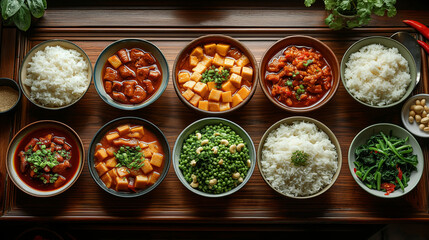 Set of assorted Chinese dishes on table: sweet and sour chicken in wok pan, dim sum in bamboo steamer, spring rolls, noodles, salad, rice, steamed buns, dips. Asian style dinner or buffet, top view