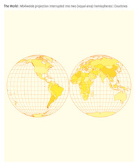 Poster - World Map. Mollweide projection interrupted into two (equal-area) hemispheres. Countries style. High Detail World map for infographics, education, reports, presentations. Vector illustration.