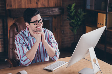 Poster - Portrait of young man office worker contemplate wear shirt loft interior business center indoors