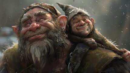 Wall Mural - A gnome and a troll talking sweetly and smiling about something. A whimsical fairy tale character against the background of the forest. Illustration for banner, poster, cover, brochure or presentation