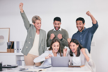 Poster - Laptop, motivation and success with winner business people in modern office for celebration of goals or target. Celebration, computer or good news with man and woman employee team in workplace