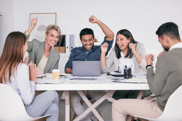 Aufkleber - Celebration, laptop and success with business people in modern office for meeting, planning or victory. Cheering, computer and motivation with winner man and woman employee team in boardroom for goal