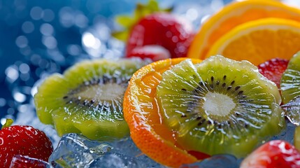 Wall Mural - Sliced fruits including kiwi, orange, and strawberry on a background of crushed ice, colorful, chilled, cool blue lighting