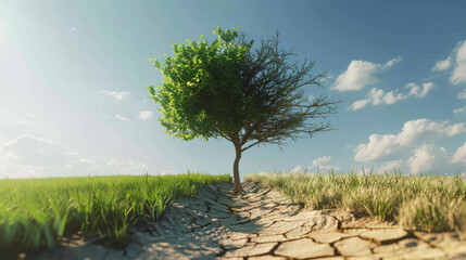 Poster - A symbolic tree split between lush greenery and barren branches on cracked earth