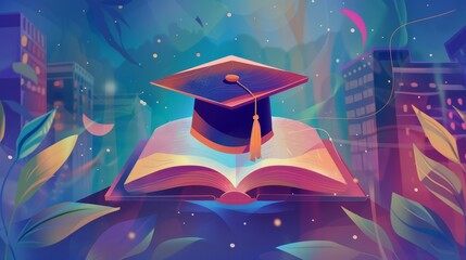 Flat design illustration of a book with a graduation hat, front view, pastelcolored cartoon drawing selective focus, scholarly milestone, ethereal, Double exposure, university campus backdrop