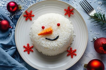 Wall Mural - Christmas snowman face decorated rice cake on a white plate, in a top view, with red and blue decorations around, in natural light.
