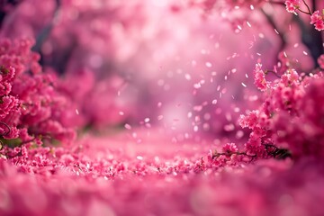 Wall Mural - : A vibrant pink cherry blossom grove in full bloom, with petals gently falling and creating a picturesque pink carpet on the ground,