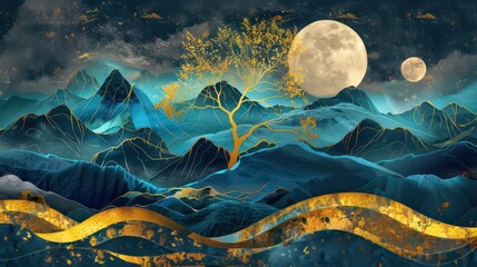 3d modern art mural wallpaper with blue night landscape with dark mountains, giant golden tree and g
