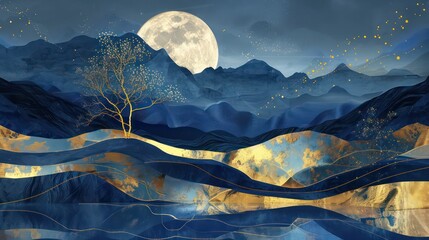 3d modern art mural wallpaper with blue night landscape with dark mountains, giant golden tree and g