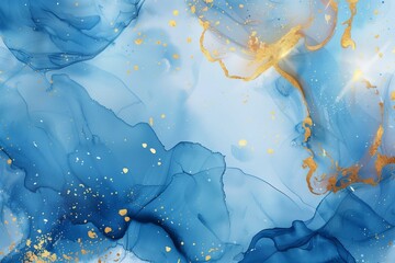 Wall Mural - Abstract blue liquid watercolor background with golden dust. Cyan marble alcohol ink drawing effect. Vector illustration design template for wedding invitation, menu, rsvp, banner.
