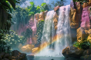 Wall Mural - : An enchanting waterfall surrounded by pastel-colored rocks and lush greenery, with a gentle mist rising and rainbows forming in the sunlight.