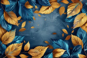 Wall Mural - art background with golden and blue leaves or feathers