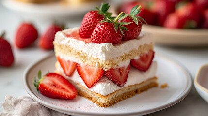 Poster - Macro Shot of Strawberry Shortcake Slice with Lush Red Berries on Top