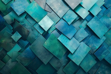 Wall Mural - : Geometric shapes in varying shades of blue and green, interlocking and overlapping, forming an intricate mosaic with a slight metallic sheen, giving it a futuristic and dynamic feel.