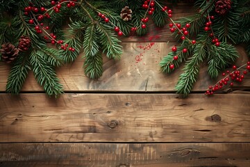 Wall Mural - new year brown wooden background with green tree and red berries