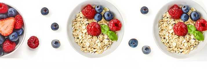 Wall Mural - Healthy oatmeal served with berries and fresh fruits on white background. Healthy breakfast. Top view