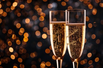 Wall Mural - Two glasses of champagne with glitter lights bokeh background