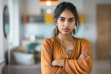 a indian woman in a yellow jacket is standing in a room with a serious expression on her face.