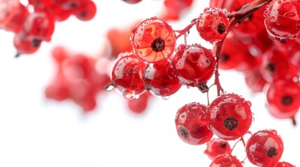 Poster - Close Up View of Shiny Red Currants on a Stem with White Background and Copy Space on the Right