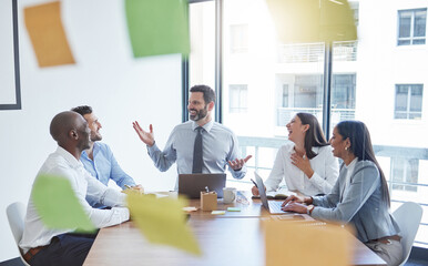 Office, window and business people with meeting by table for sales planning, brainstorming and teamwork. Sticky note, employees and happy with discussion for review, kpi training or positive feedback