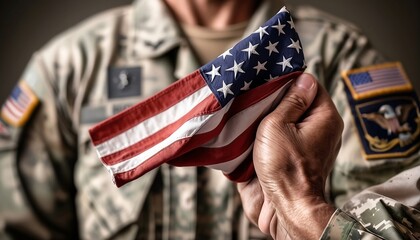 Poster - military veteran's hand holding a folded American flag, with copy space, blurred background closeup of flag created with generative ai
