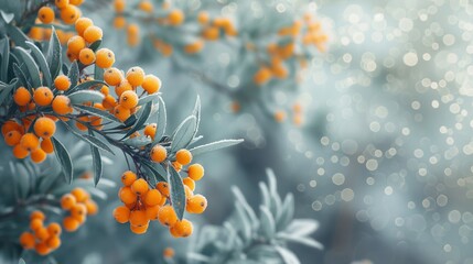 Wall Mural - Close Up of Sea Buckthorn Berries on Bush with Soft Pastel Sky and Space Below for Text