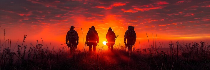 Wall Mural - sunrise over the horizon casting long shadows of hunters on the hunt captured with silhouette photography for a striking visual contrast