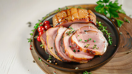 Wall Mural - Sliced smoked ham with herbs and aromatic spices on plate