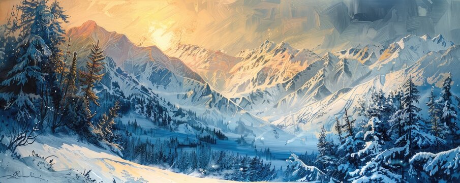 The images show stunning winter mountain landscapes with snow-covered trees and peaks. The sun is shining brightly, casting beautiful light and shadows over the snowy scenery.