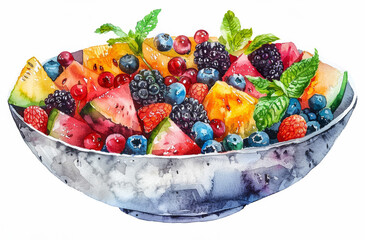 Wall Mural - Colorful Watercolor Painting of a Fresh Fruit Salad with Melon, Berries, and Mint on a White Background