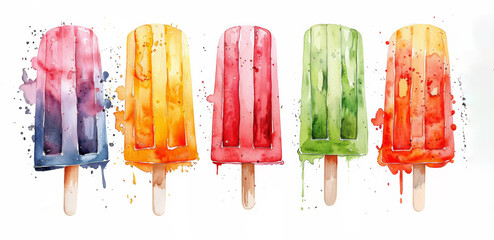 Poster - Assorted Flavored Popsicles Watercolor Illustration Isolated on White Background