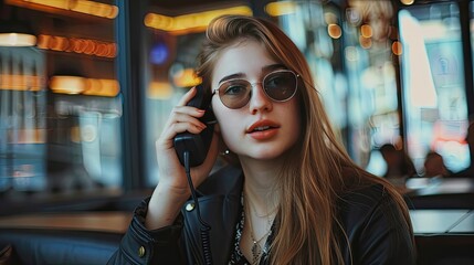 Wall Mural - close-up of a woman talking on the phone. Selective focus