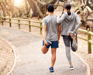 Canvas Print - Stretching, back and legs of couple, outdoor and fitness for performance, road and exercise for body. Street, athlete and people together, healthy and training with workout, action and path in park