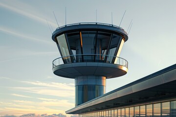 Air traffic control tower stands against a vibrant sunset sky, symbolizing aviation management