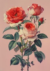 Wall Mural - Stunning Detailed Botanical Illustration of Blooming Red and Pink Roses on Soft Pink Background Perfect for Art and Nature Lovers