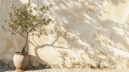 Poster - A potted olive tree is sitting in front of a white wall