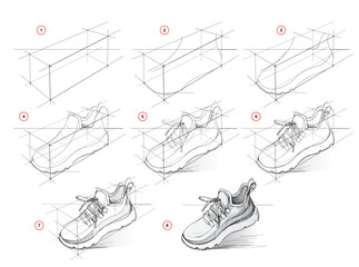 Wall Mural - Page shows how to learn to draw from life sketch of a running shoe in perspective. Pencil drawing lessons. Educational tutorial for artists. Development of artistic skills. Hand drawn vector.