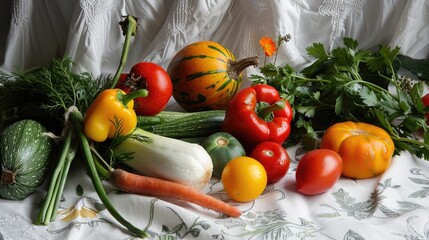 Wall Mural - Close up of assorted vegetables on a white tablecloth