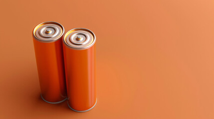 Orange batteries on orange background. Three orange batteries stand upright on an orange background, showcasing energy and power in a minimalist style.