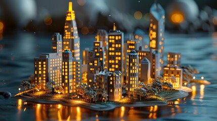 3D Mini Paper Downtown on Small Island with Illumination