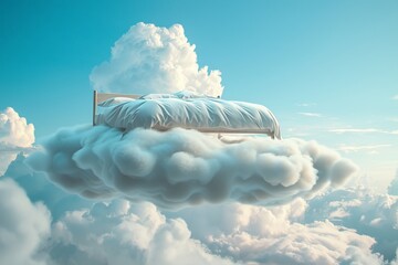 Wall Mural - Surreal bed aloft on a cloud with sky backdrop, symbolizing rest