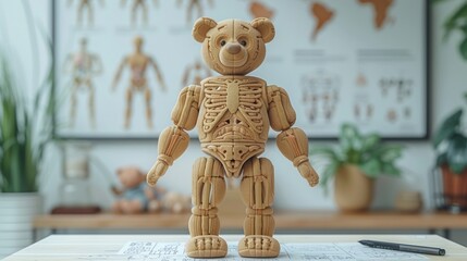 Wall Mural - On an anatomy drawing background, there is a cute bear doll with a cute anatomy slogan